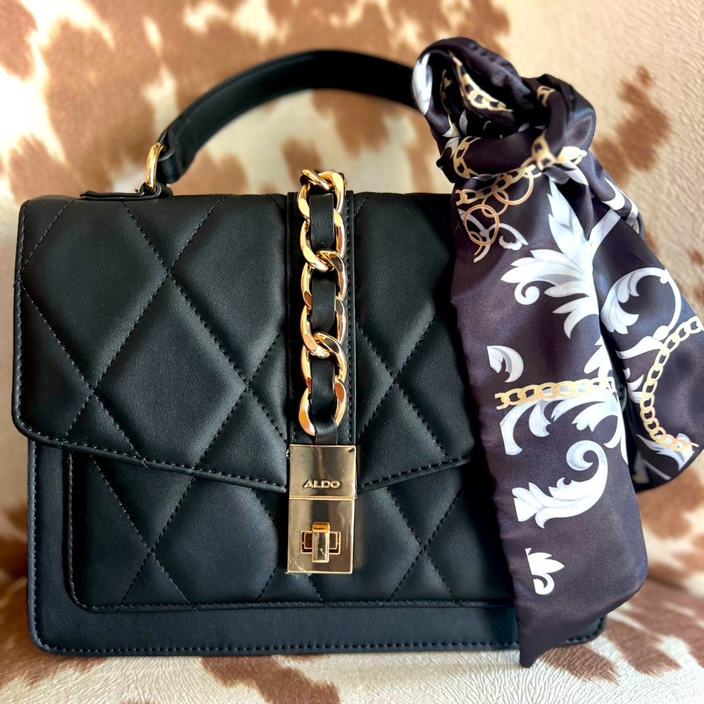 Aldo Black Quilted Satchel with Gold Chain
